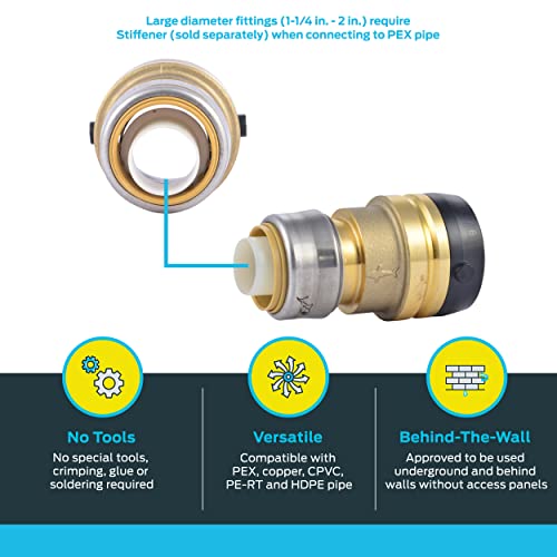 Brass push-to-connect reducing coupling fitting with 1-1/4 in. and 1 in. ports shown disassembled.
