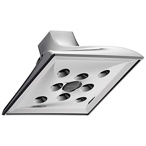 Chrome square raincan showerhead with multiple spray nozzles and curved mounting arm.