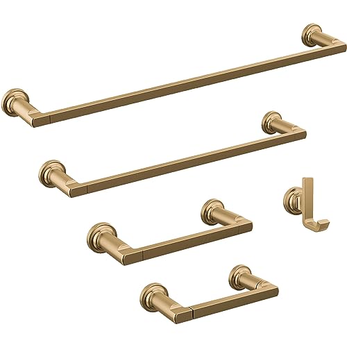 Champagne bronze towel bars and hooks with circular wall mounts in varying lengths.