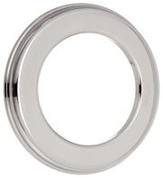 Chrome-finished circular spout base with wide decorative ring and central opening for roman tub installation.