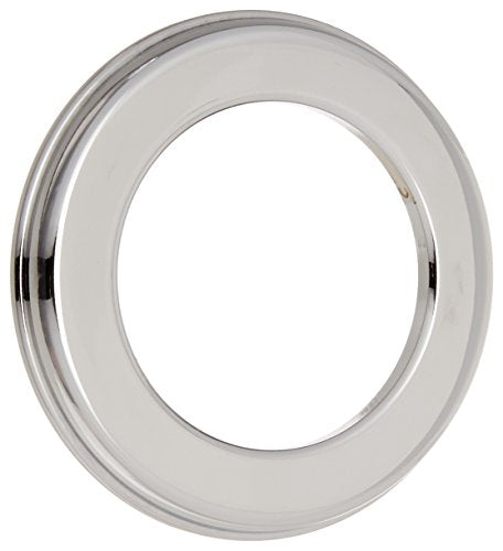 Chrome-finished circular spout base with wide decorative ring and central opening for roman tub installation.