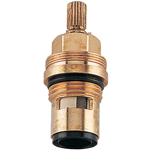 Brass ceramic cartridge with ridged stem, black rubber seals, and threaded brass body for faucet repair.