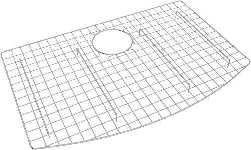 Stainless steel wire grid with circular drain opening for kitchen sink bottom protection and drainage.