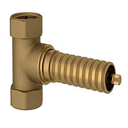 Brass T-shaped valve with threaded inlet on top, corrugated outlet extending right, and small control port on end.