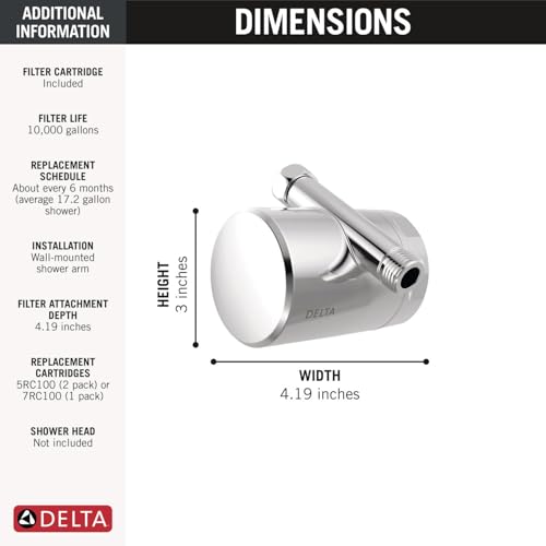 Chrome shower filter attachment with cylindrical body, 3 inches tall and 4.19 inches wide, with threaded connection port.