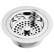 Chrome kitchen sink strainer basket with perforated metal bowl and threaded flange ring.