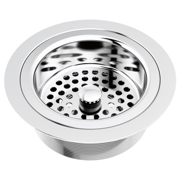 Chrome kitchen sink strainer basket with perforated metal bowl and threaded flange ring.