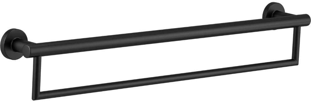 Black contemporary towel bar with assist grab bar and wall-mounted circular flanges.