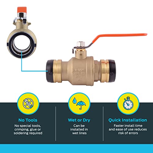 Brass ball valve with push-to-connect fittings, orange lever handle, and black grip rings on both ends.
