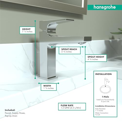 Chrome single-hole bathroom faucet with lever handle and curved spout on marble countertop with dimension labels.