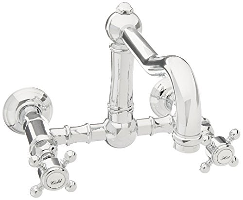 Polished chrome wall-mount bridge kitchen faucet with tall column spout and cross handles.