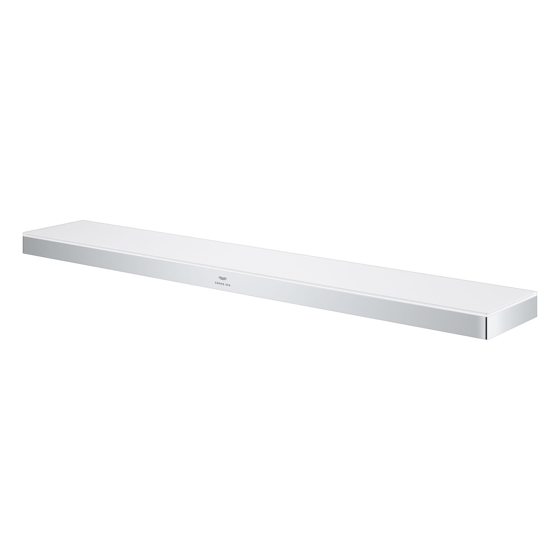 Chrome rectangular bathroom shelf with white surface and chrome mounting brackets on ends.