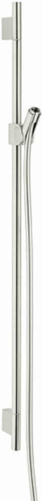 Brushed nickel vertical shower bar with cylindrical rail, wall brackets, and integrated holder for hose attachment.