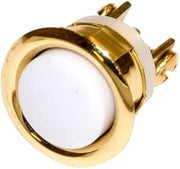 Gold-finished round button with white center and brass terminals for recessed mounting.