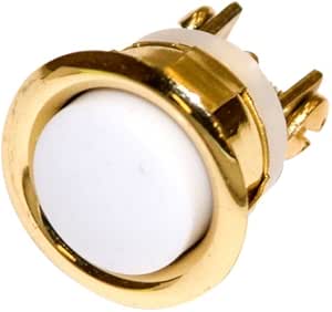 Gold-finished round button with white center and brass terminals for recessed mounting.