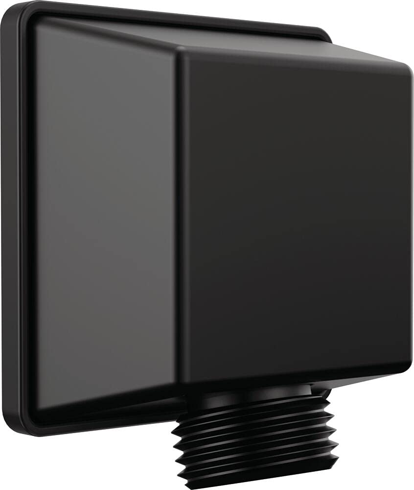 Black square wall elbow with threaded connection for hand shower installation.