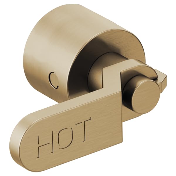 Champagne bronze wall-mounted tub filler with two industrial lever handles and hot water indicator marking.