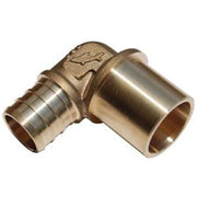 Brass elbow adapter with crimp fitting on one end and sweat fitting on the other, angled 90 degrees.