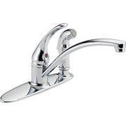 Chrome single-handle kitchen faucet with curved spout and detachable spray head on oval base.