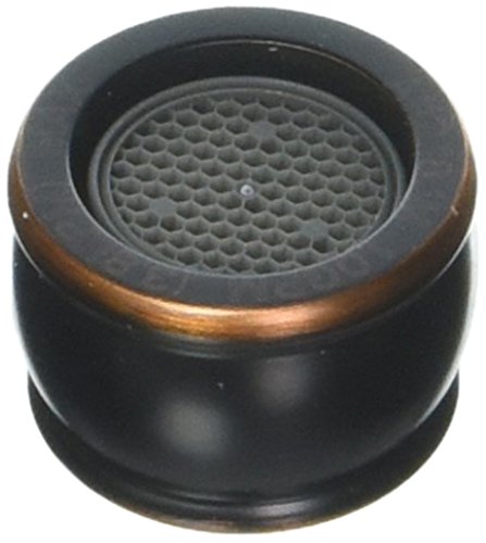 Oil rubbed bronze aerator assembly with mesh screen insert and cylindrical body.