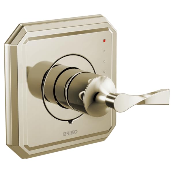 Brizo Virage pressure balance valve trim with lever handle in brushed nickel finish and square escutcheon plate.