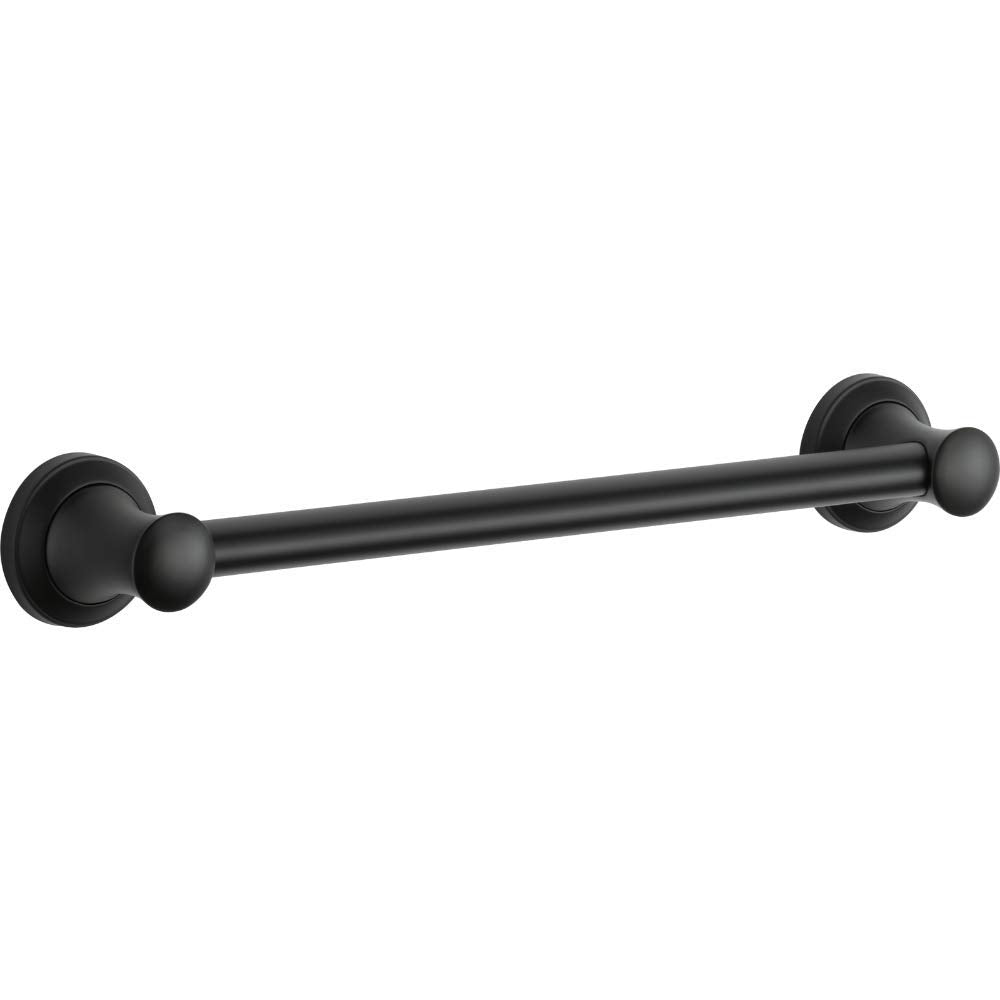 Black cylindrical grab bar with circular wall-mounted flanges and decorative knobs at each end.
