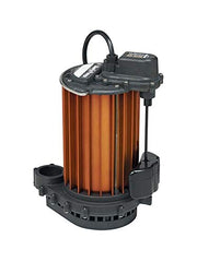 Liberty Pumps Model 450 aluminum submersible sump pump with black motor housing, copper-colored cylindrical body, and attache