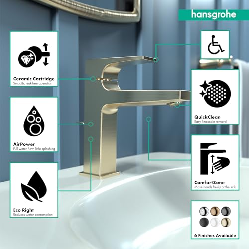 Brushed bronze single-hole bathroom faucet with lever handle and pop-up drain on white sink.