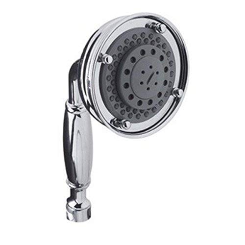 Polished chrome handshower with gray handle and circular perforated faceplate for multiple spray functions.