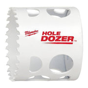 White cylindrical bi-metal hole saw with serrated cutting edges and Milwaukee branding.