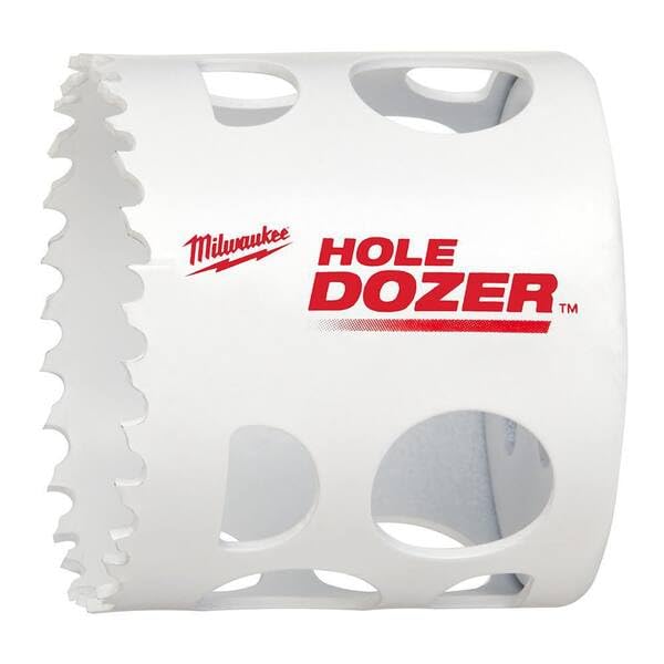 White cylindrical bi-metal hole saw with serrated cutting edges and Milwaukee branding.