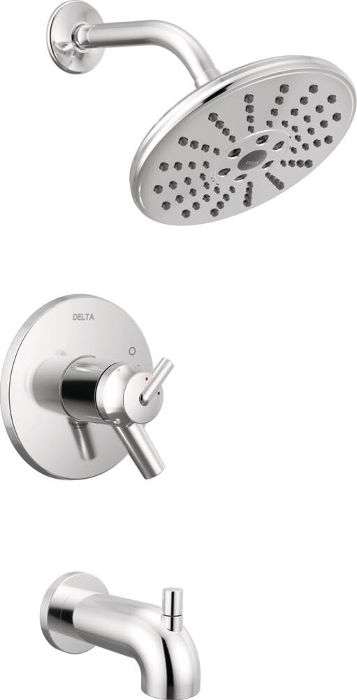 Chrome showerhead with multiple spray holes, wall-mounted control valve with lever handle, and tub spout.
