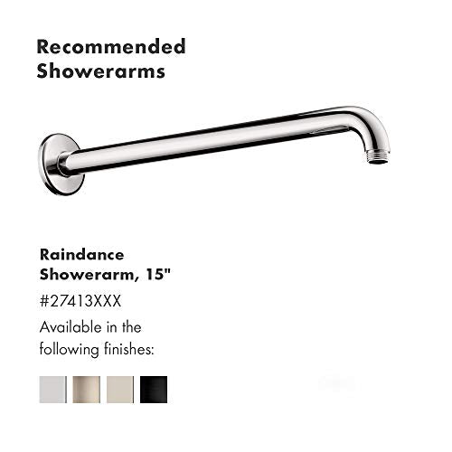 Brushed nickel curved shower arm, 15 inches, wall-mounted with round flange.
