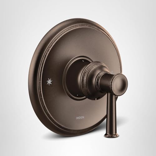 Oil rubbed bronze single-handle valve trim with circular escutcheon plate and lever handle.