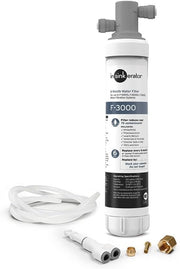 InSinkErator F-3000 water filtration system with gray and white cartridge, tubing, and brass fittings.