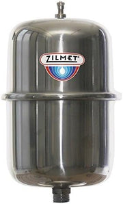 Stainless steel cylindrical expansion tank with Zilmet logo and valve fitting on top, black threaded connection at bottom.