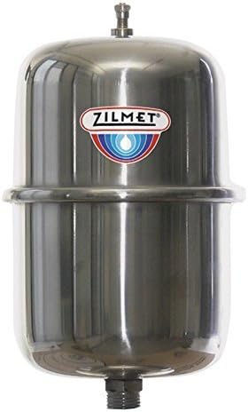 Stainless steel cylindrical expansion tank with Zilmet logo and valve fitting on top, black threaded connection at bottom.