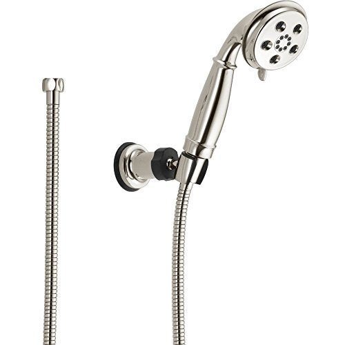 Chrome hand shower with adjustable wall mount, flexible hose, and multi-jet shower head with control lever.
