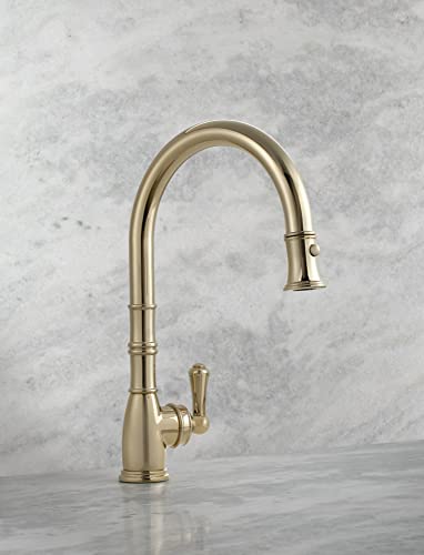 Polished nickel pull-down kitchen faucet with high arched spout and single lever handle.
