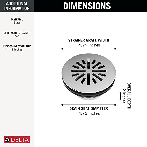 Chrome round shower drain with 4.25-inch grate width and removable strainer, 2-inch pipe connection.