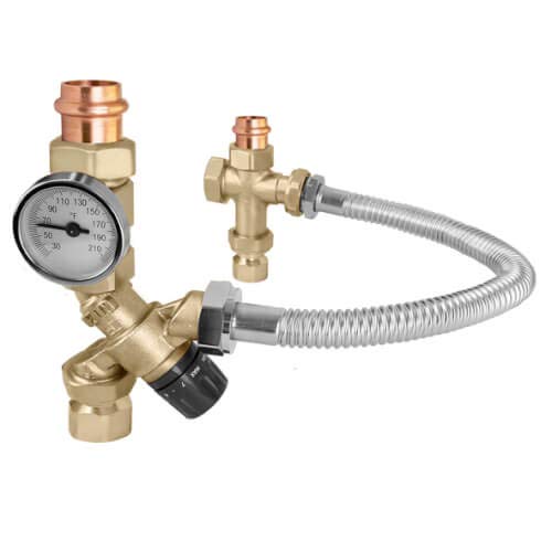 Brass thermostatic mixing valve with attached temperature gauge, copper connections, and flexible metal hose outlet.