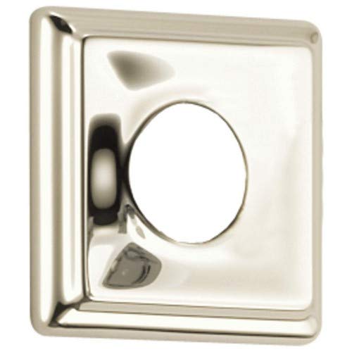 Polished nickel square shower flange with circular opening and mounting holes on white background.