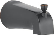 Oil rubbed bronze tub spout with pull-up diverter and teardrop-shaped handle.