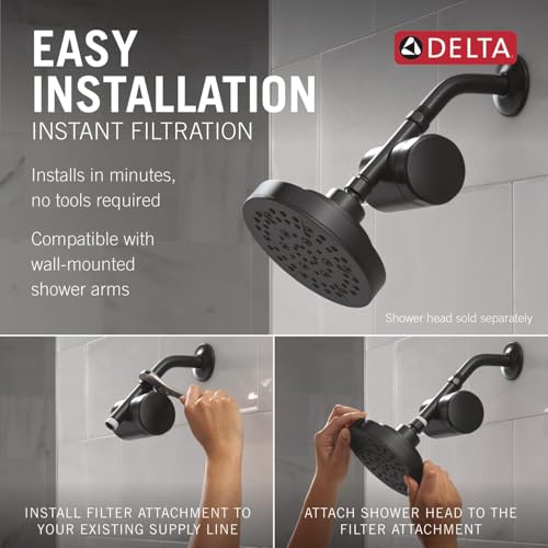 Matte black Delta shower filter attachment with wall-mounted arm and circular showerhead, shown with installation steps.
