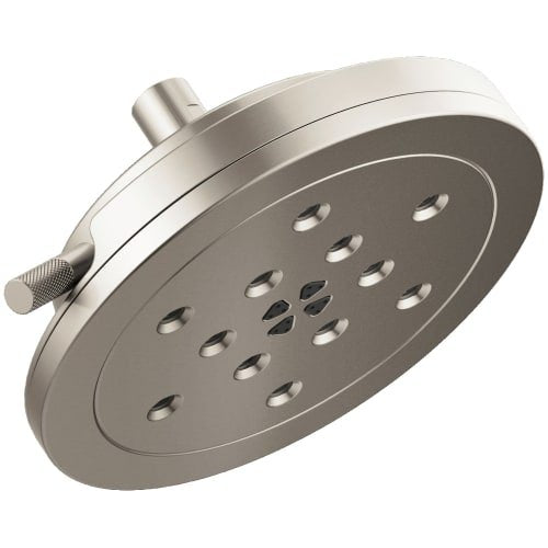 Round brushed nickel wall-mount shower head with multiple spray jets and adjustable arm.