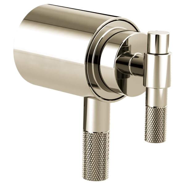 Polished nickel thermostatic valve trim with cylindrical body and two textured lever handles mounted on angled base.