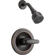 Oil rubbed bronze shower trim kit with round showerhead and single lever handle mounted on circular escutcheon plate.