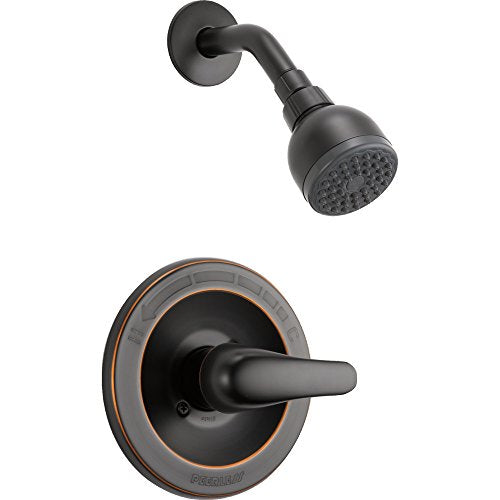 Oil rubbed bronze shower trim kit with round showerhead and single lever handle mounted on circular escutcheon plate.