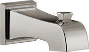 Stainless steel tub spout with curved waterfall design and square wall mounting bracket.