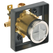 Brass pressure balance valve assembly with black mounting frame and PEX connections for tub shower installation.